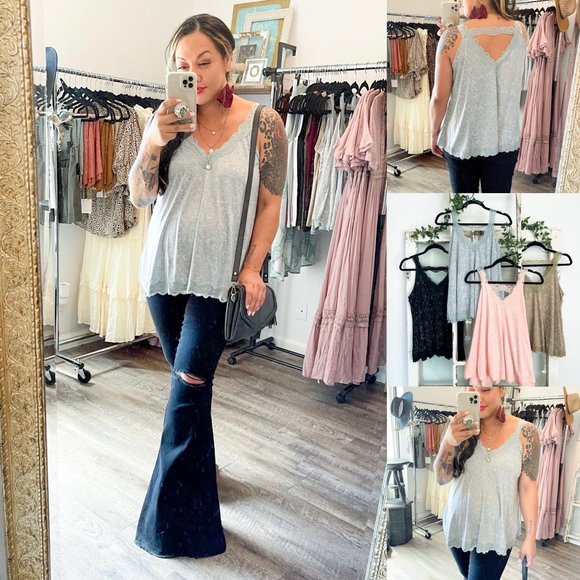 GREY Flowy Vintage Wash Lace Tank Tops - Picture 5 of 6